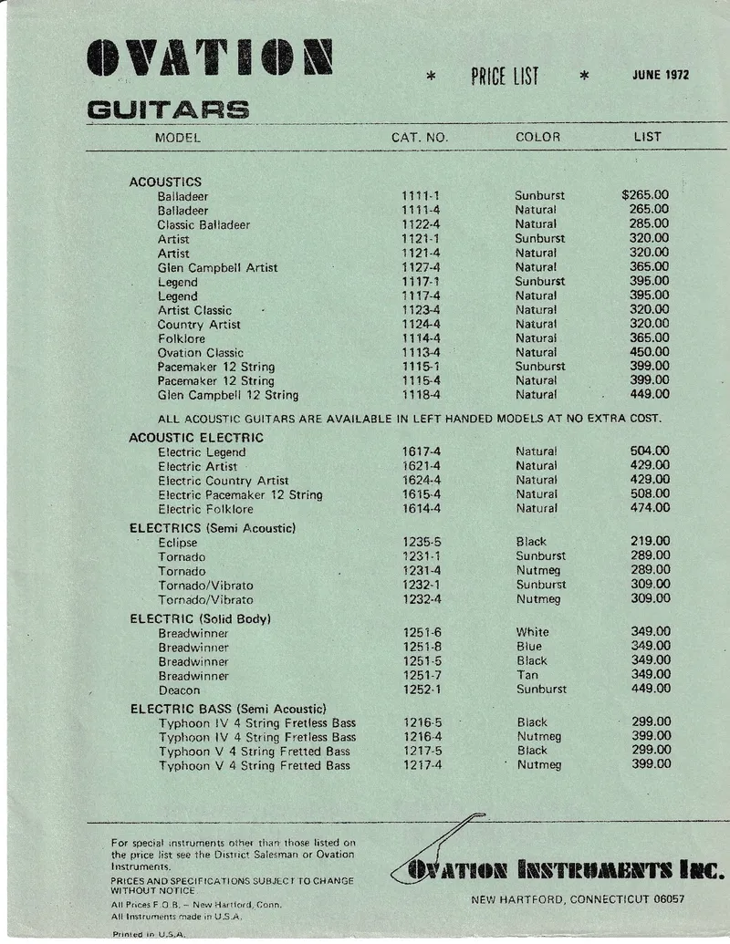 Ovation Guitars & Guitar Accessories Price List – June 1972 (Canadian ...